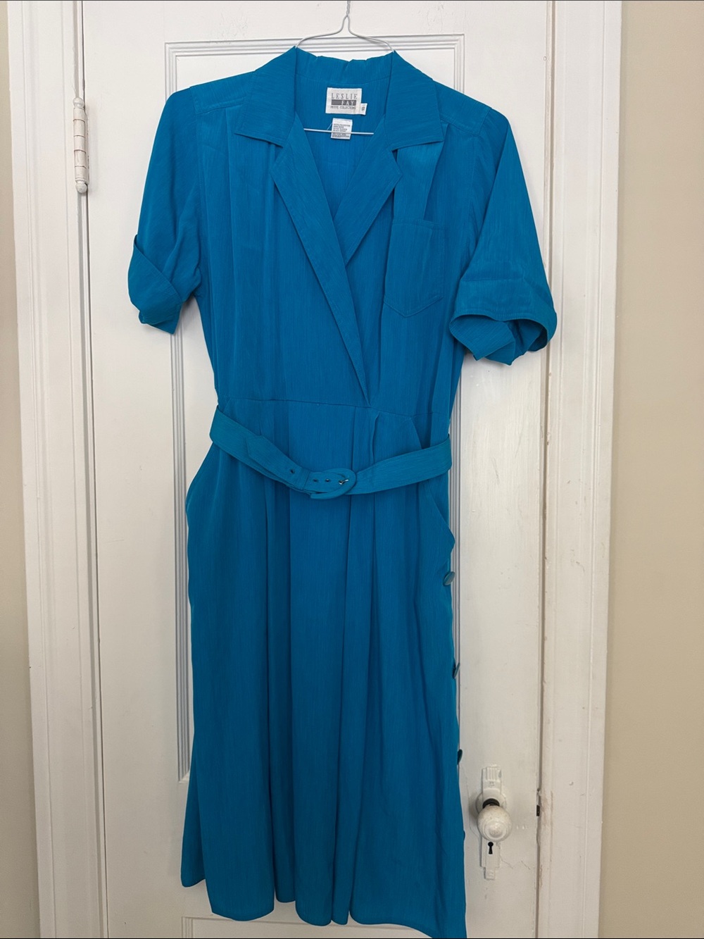Vintage Leslie Fay Teal Shirtwaist Midi Dress with Self Belt